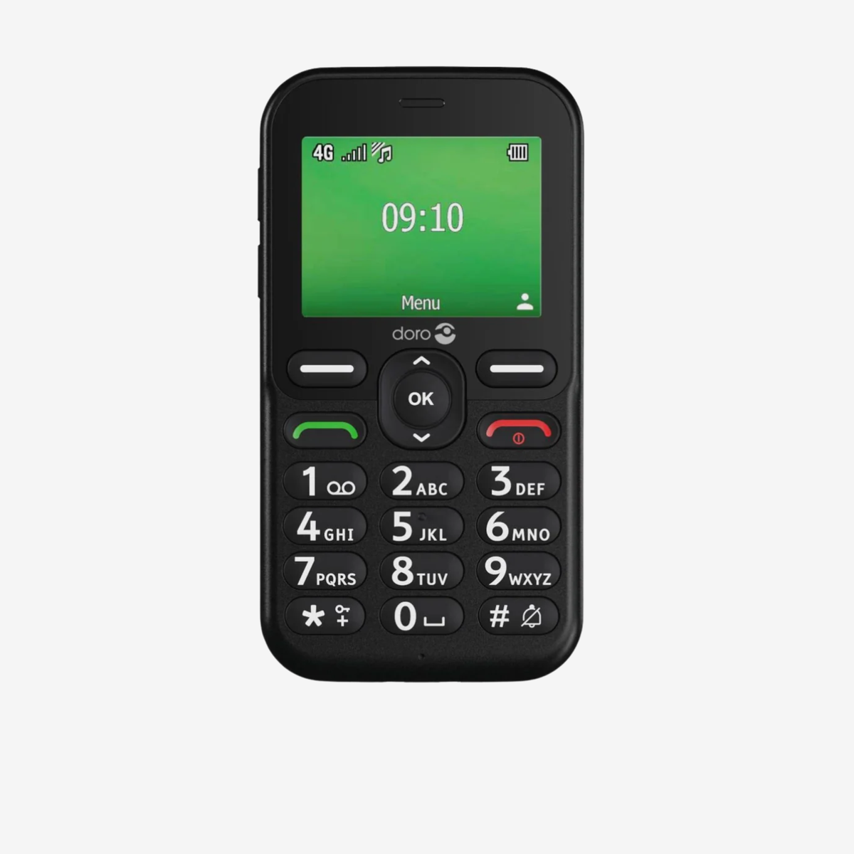 Black basic mobile phone with green screen on a white background