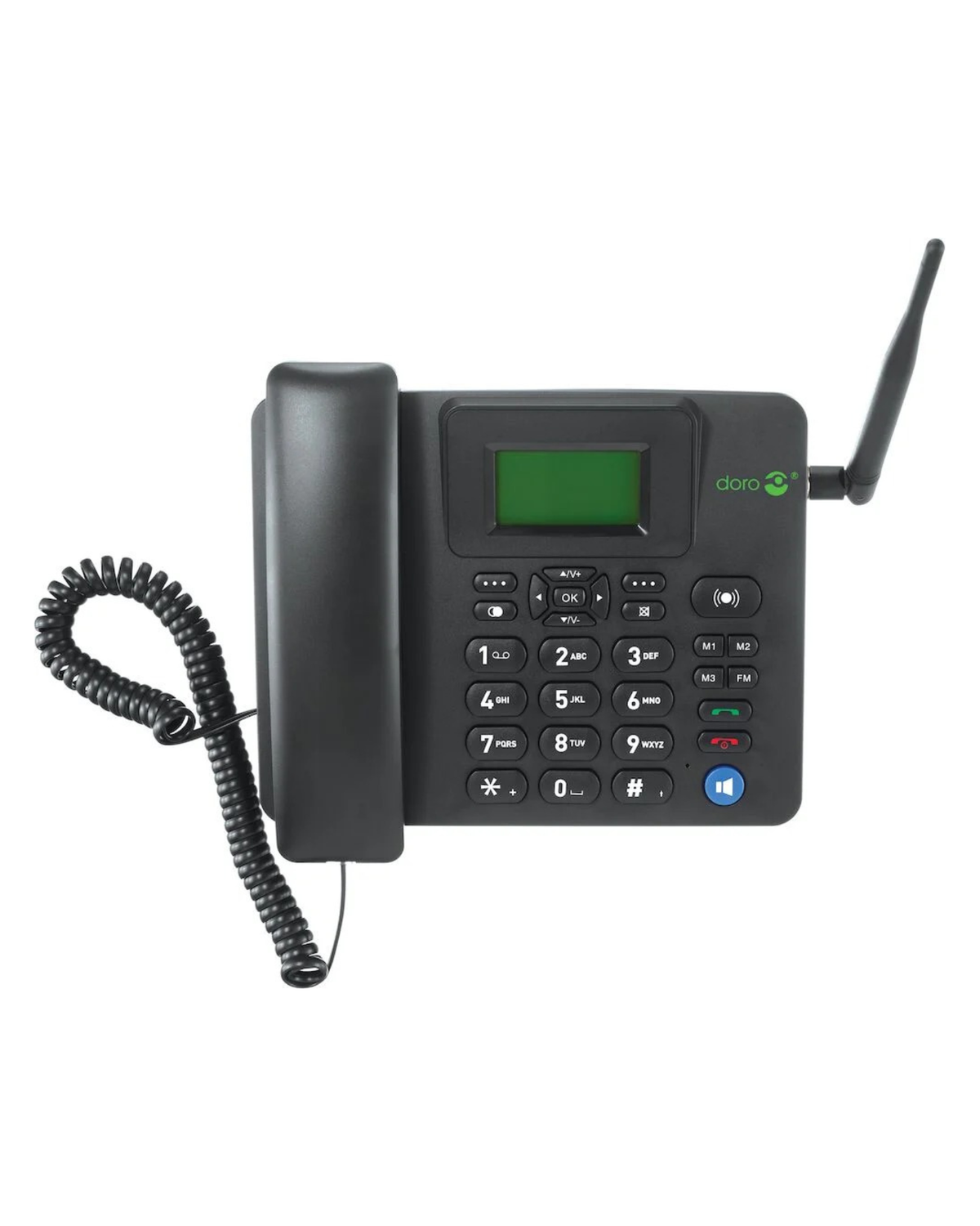 Black cordless phone with keypad on a white background