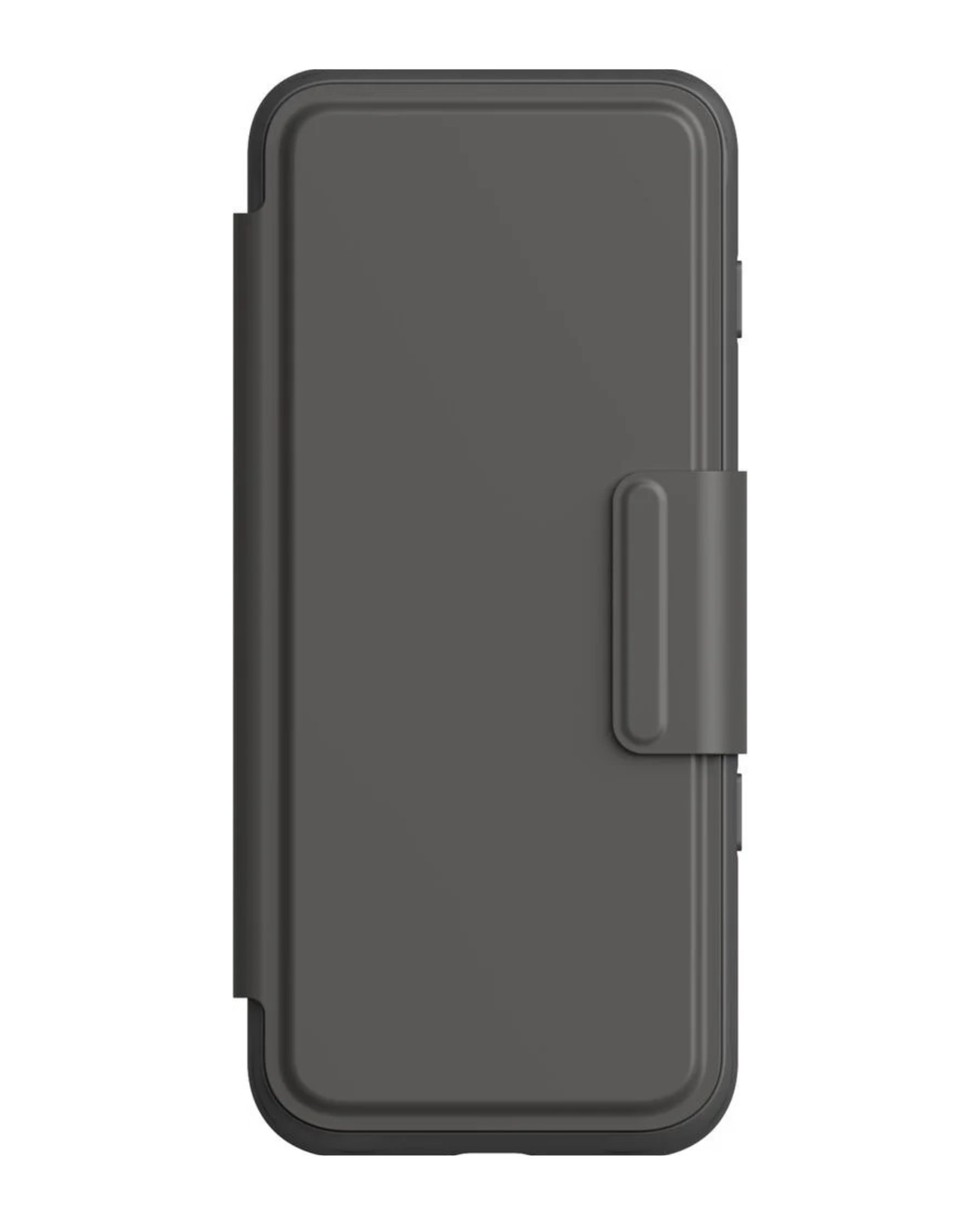 Black phone case with a flip design on a white background