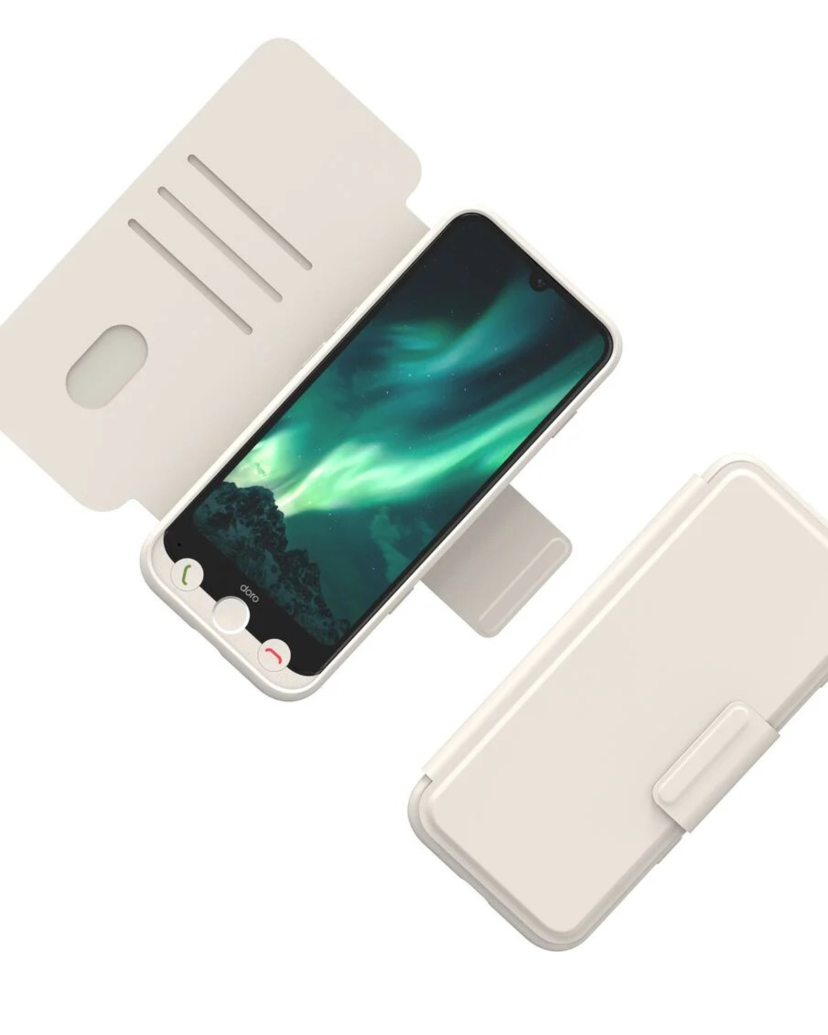 Phone case with a phone inside displaying a green screen on a white background