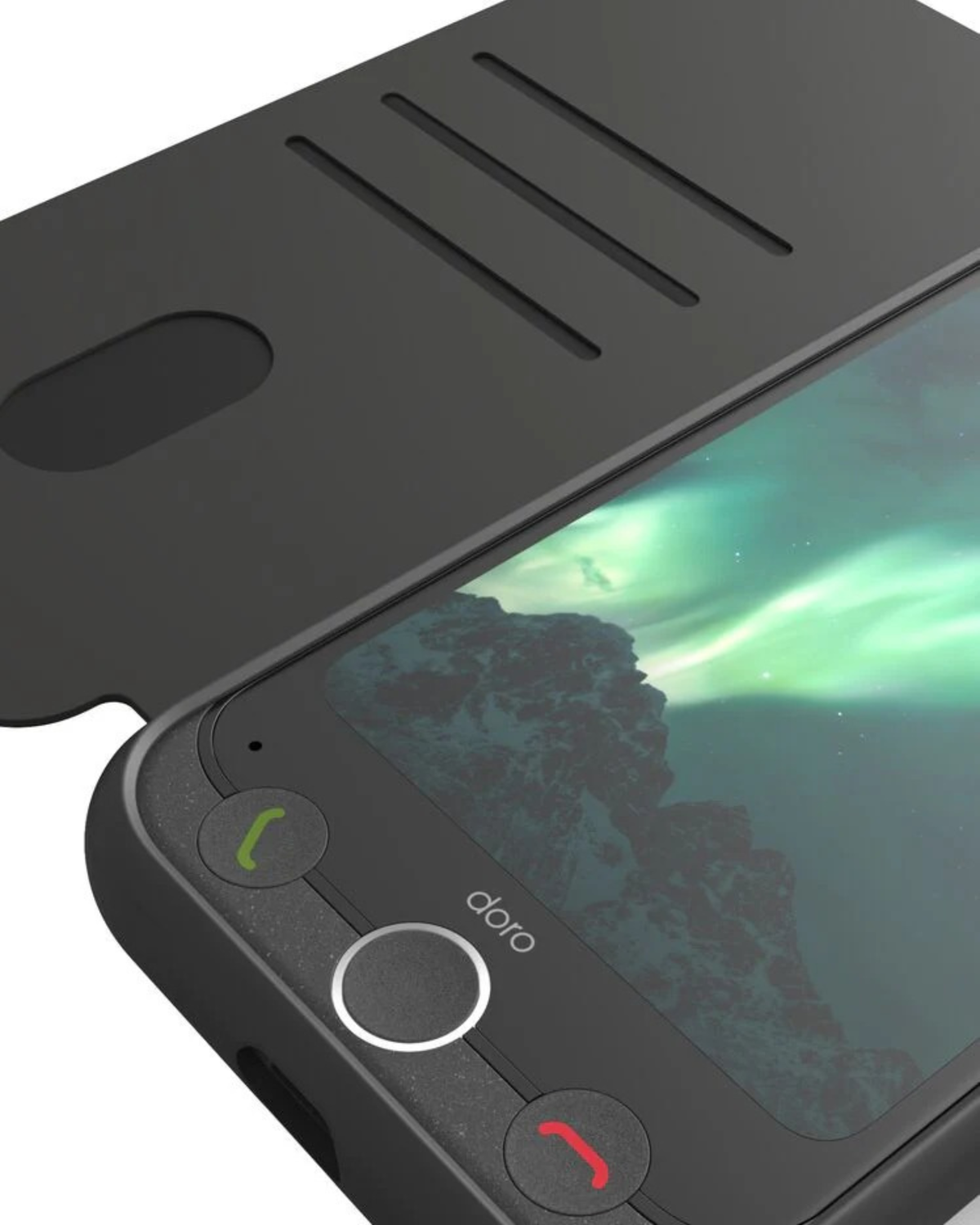 Phone case with a phone screen displaying an aurora borealis scene