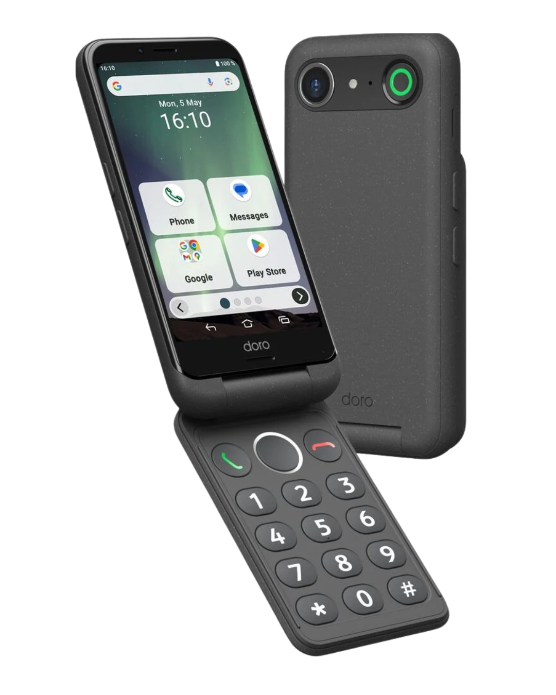 Flip phone with touchscreen display and physical keypad on a white background