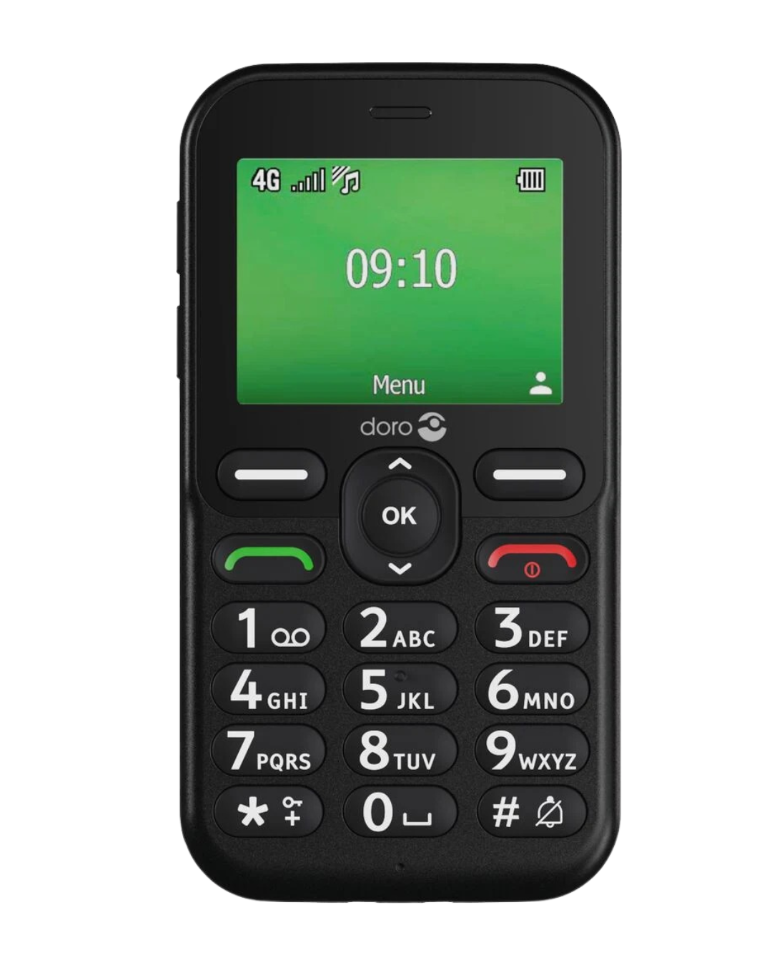 Black basic mobile phone with green screen on a white background