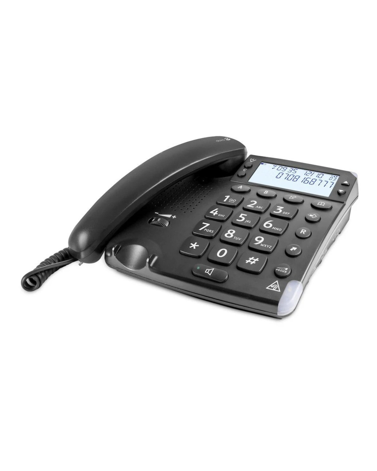 Black landline phone with digital display on a white background