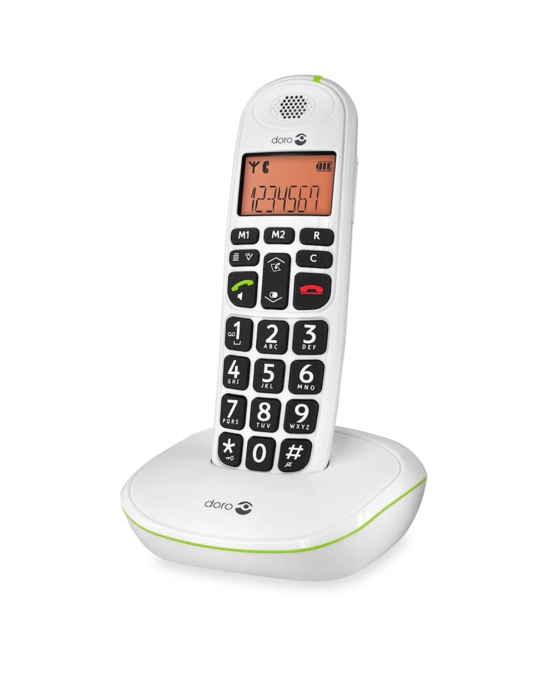 White cordless phone with large buttons on a white background