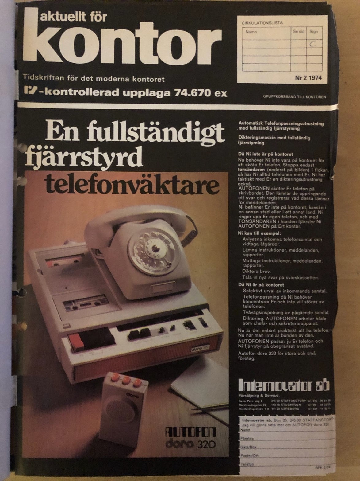 The first ad and first model introduced by Intervonator in 1974 – the AUTOFON doro 320