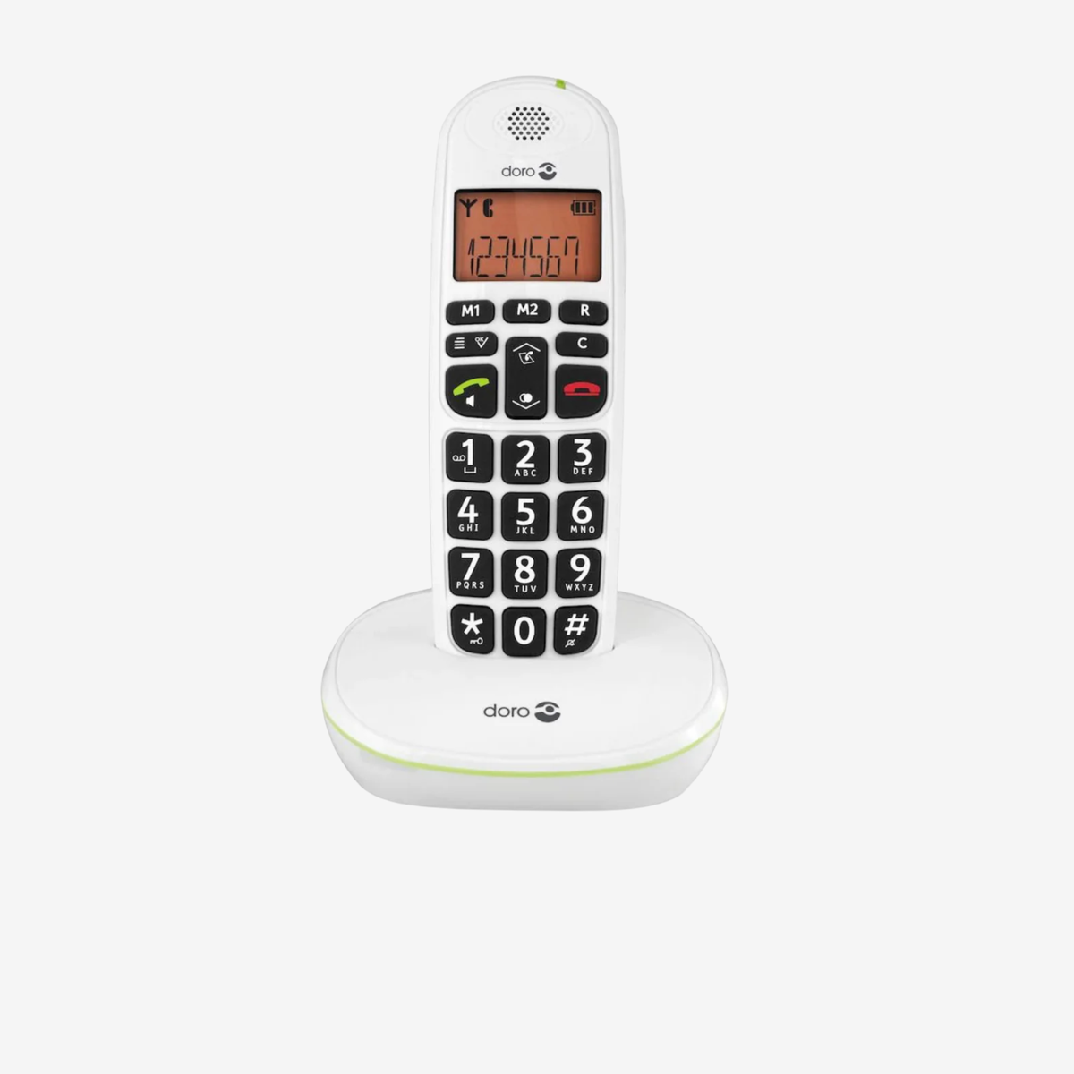 White cordless phone with digital display and large buttons on a white background
