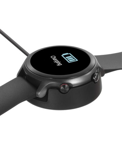 Smartwatch with charging cable on a white background