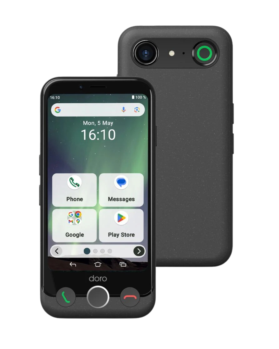 Black smartphone with app icons displayed on the screen, showing front and back views.