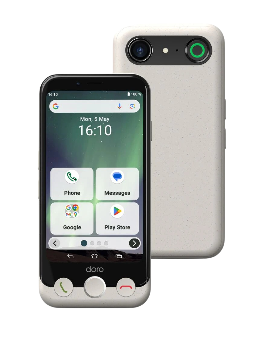 Doro phone with screen displaying app icons and back view on a white background