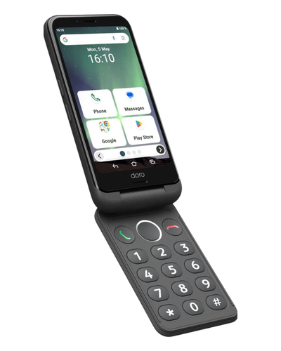 Flip phone with touchscreen and physical keypad on a white background