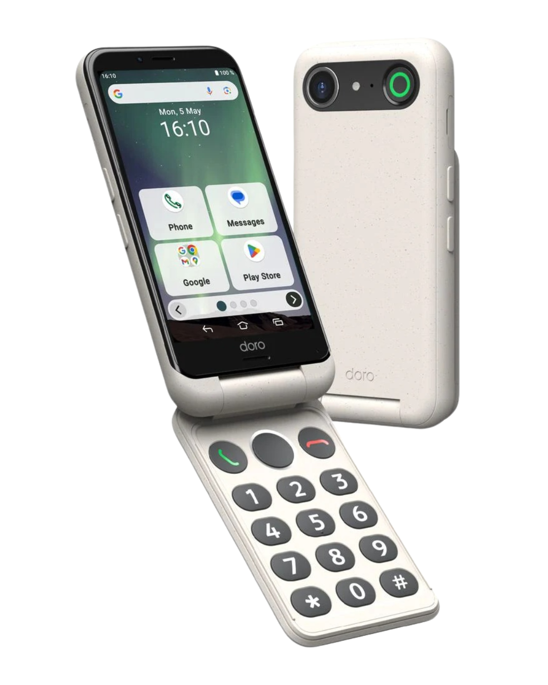Smartphone with a physical keypad and a white case on a white background