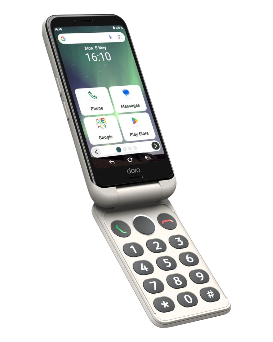 Flip phone with a screen displaying app icons on a white background