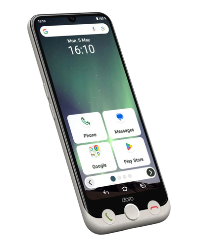 Doro Smartphone with a white case on a white background
