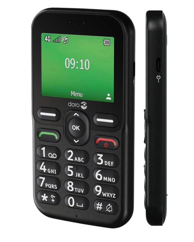 Black Doro phone with green screen on a white background
