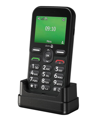 Black Doro phone with green screen on a white background