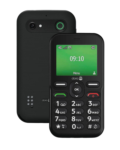 Black feature phone with green display on a white background