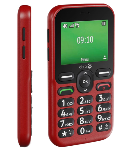 Red mobile phone with green screen displaying time and Doro branding on a white background