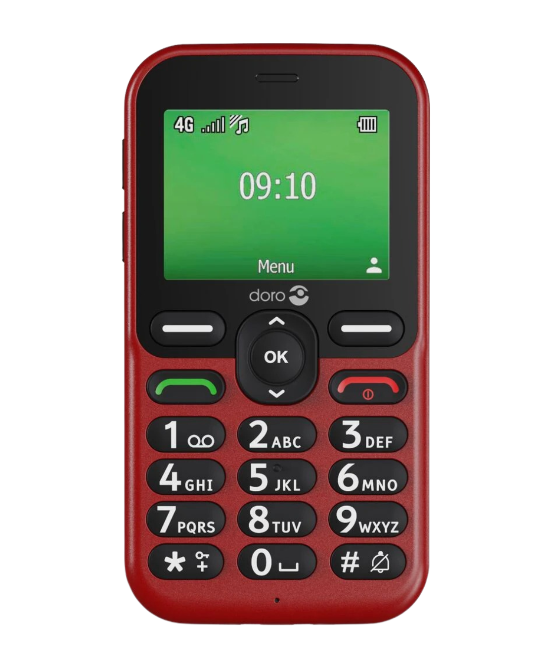 Red mobile phone with a green screen displaying the time and menu on a white background
