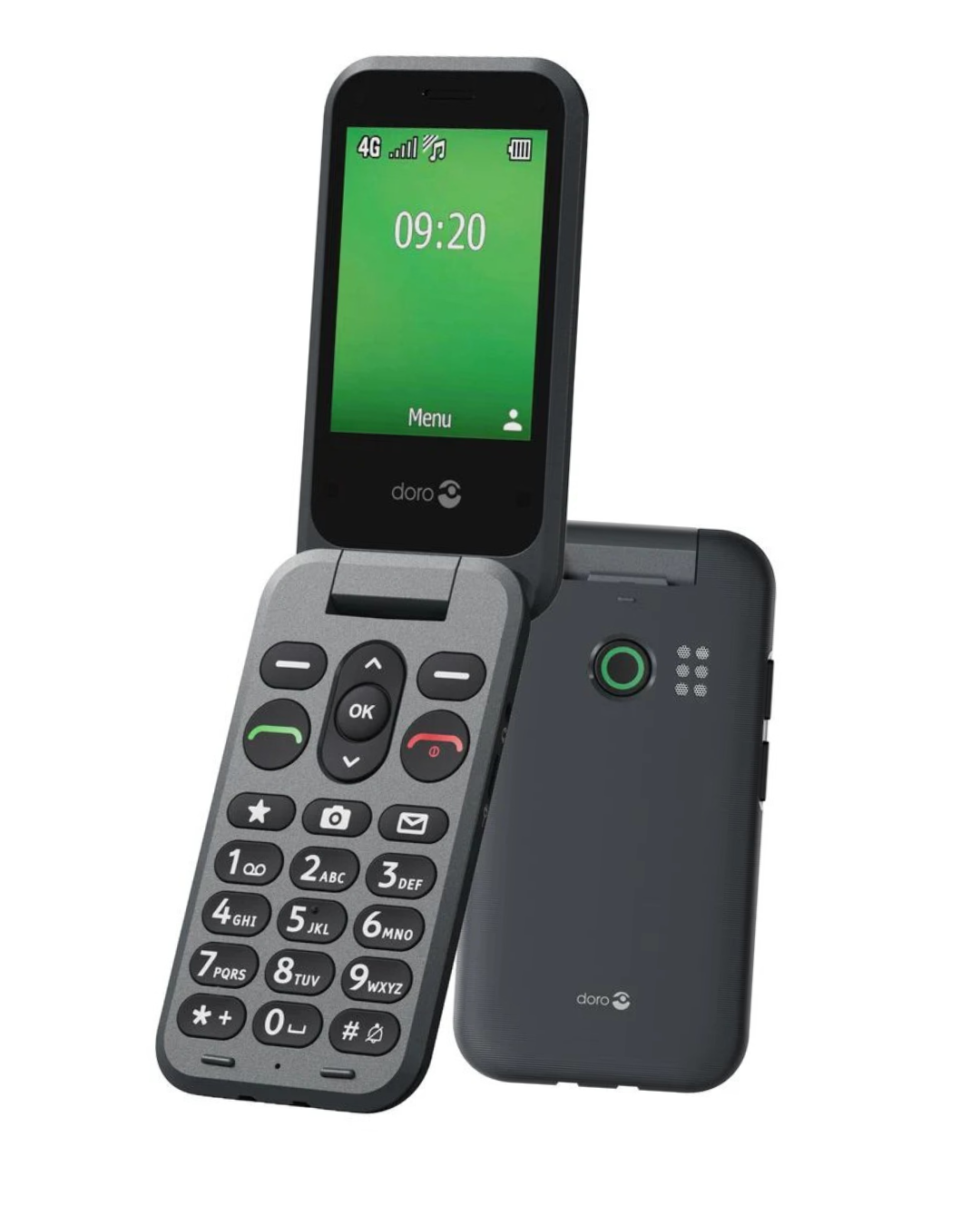 Flip phone with green screen on a white background