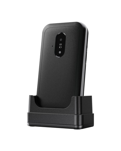 Black phone stand with a smartphone on a white background