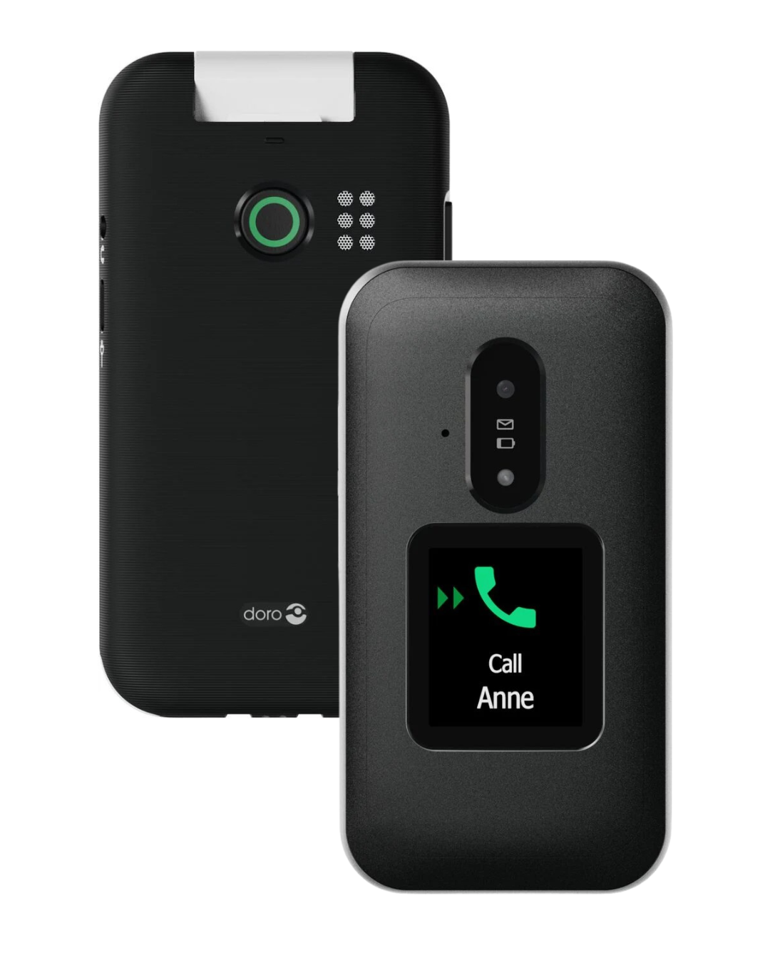 Black Doro phone with screen displaying 'Call Anne' on a white background