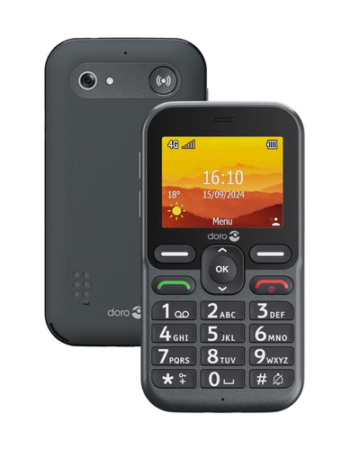 Black Doro mobile phone showing front and back on a white background