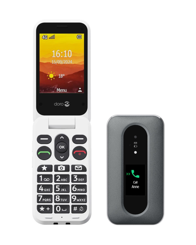 Flip phone with screen displaying time and date, next to a smaller phone case on a white background