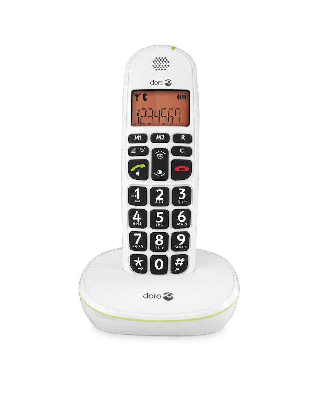White cordless phone with large buttons on a white background