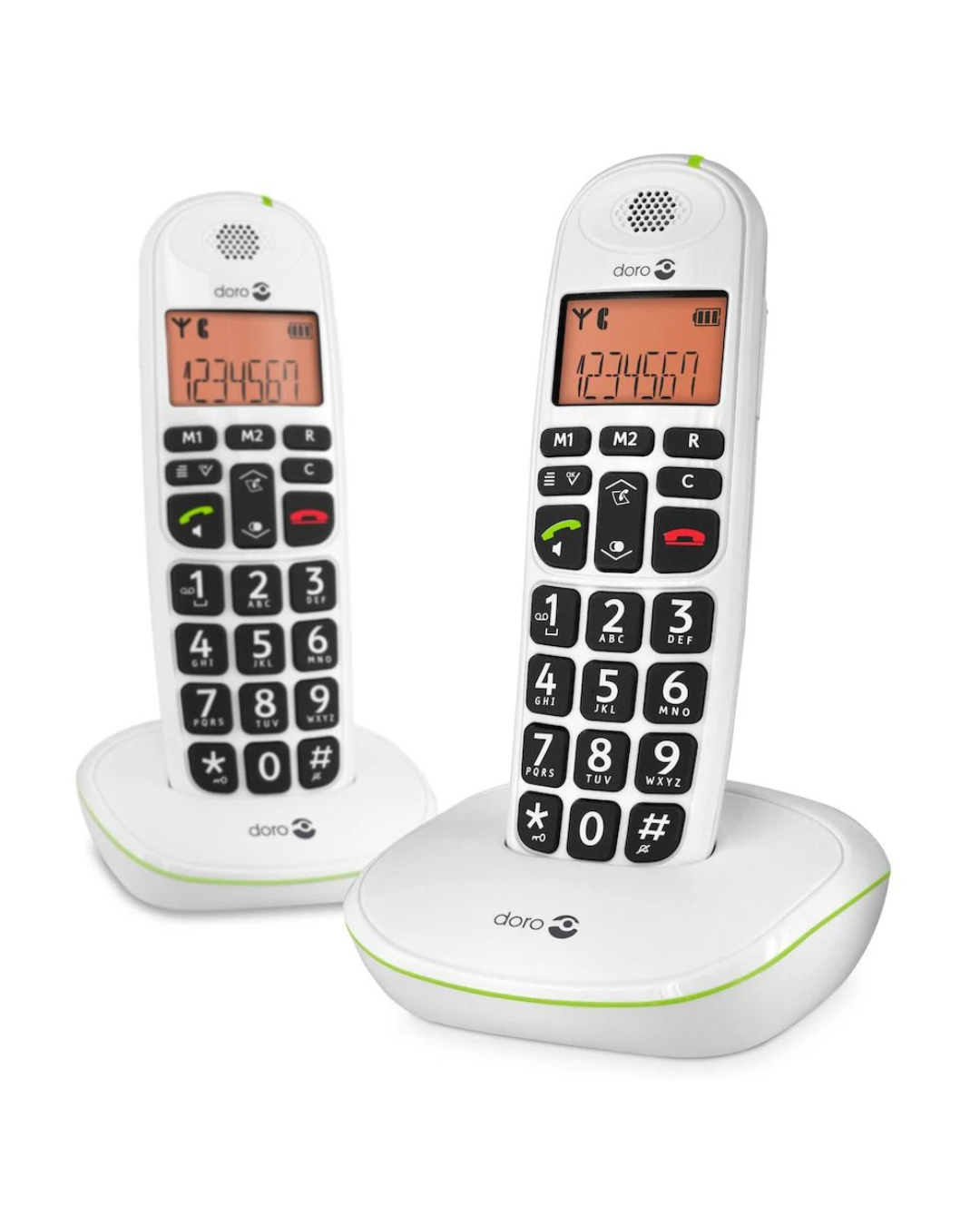 Two white cordless phone sets with large buttons on a white background