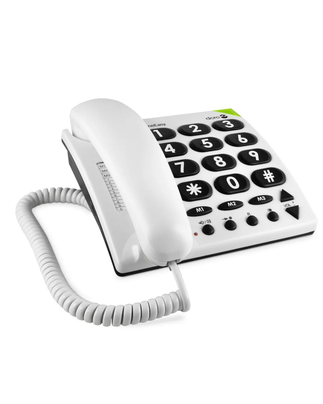White phone with large black buttons on a white background