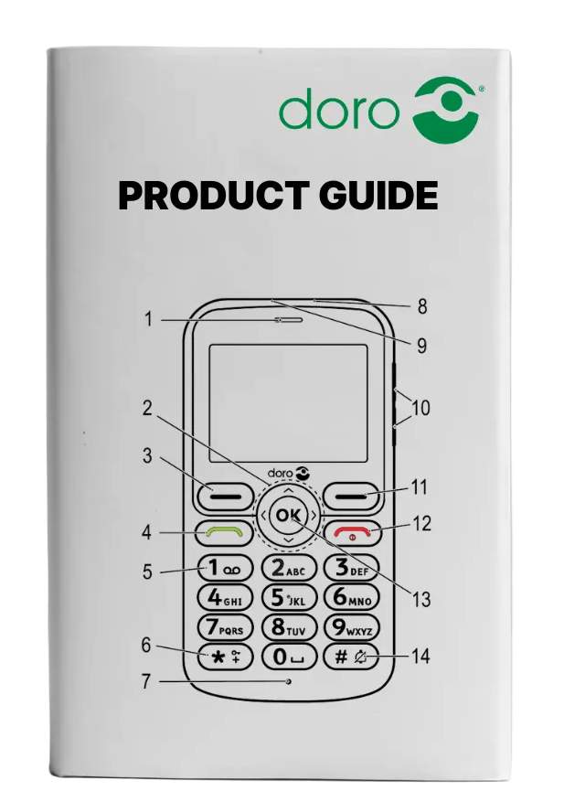 Product guide for Doro with a diagram of a phone on a white background
