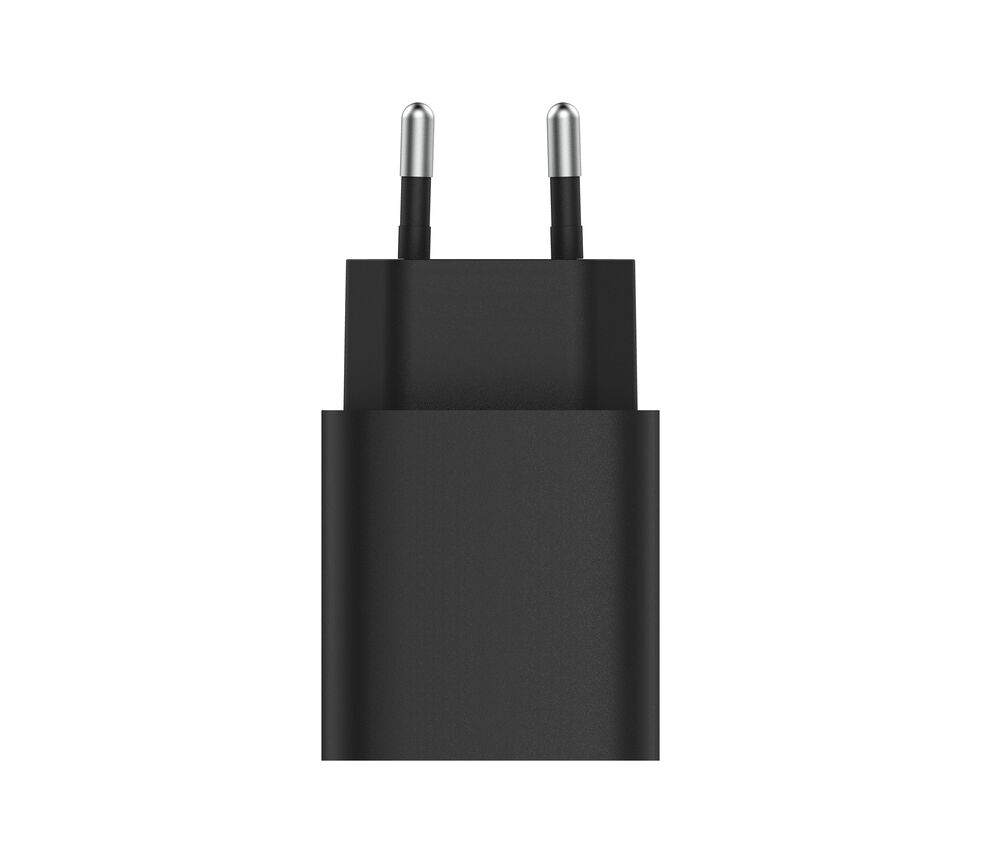 Black USB-C wall adapter on a white background