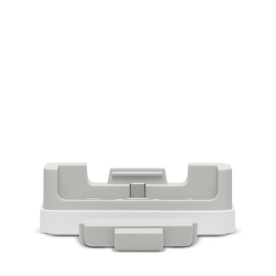 White and gray electronic device stand on a white background